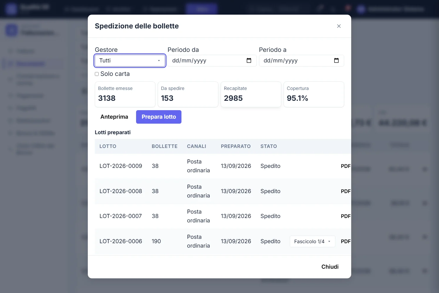 Schermata della spedizione delle bollette